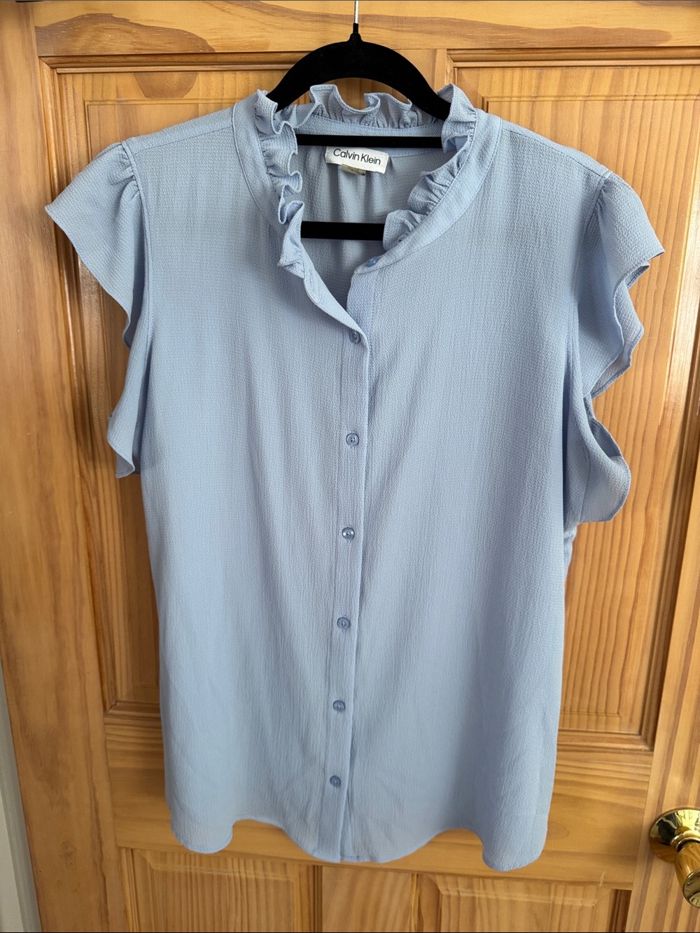 Calvin Klein Powder Blue Ruffle Sleeve Button-Front Blouse
